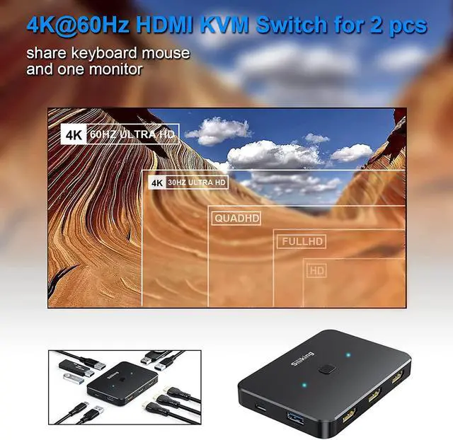 Alt view image 4 of 7 - 4K@60Hz HDMI KVM Switch USB Selector for 2 Computers Share one Monitor and 4 USB 3.0 Ports, Keyboard Mouse Printer, External Hard Drives, 2 USB Cable and 2 HDMI Cable Included