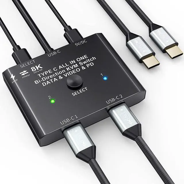 Main image of USB-C Switch,Bi-Directional USB C Switcher 2 in 1 Out/1 in 2 Out Type C KVM Switch Supports 8K@60Hz,4K@120Hz Video / 10Gbps Data Transfer/ 100w Power Delivery Compatible with Thunderbolt Device