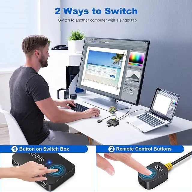 Alt view image 4 of 7 - USB Switcher 2 Computers - USB Switch Selector 2 Computers Sharing 4 USB Devices, USB 2.0 Peripheral Switcher Box for PCs Mouse Keyboard Scanner Printer with One Button Switch, Include Cables