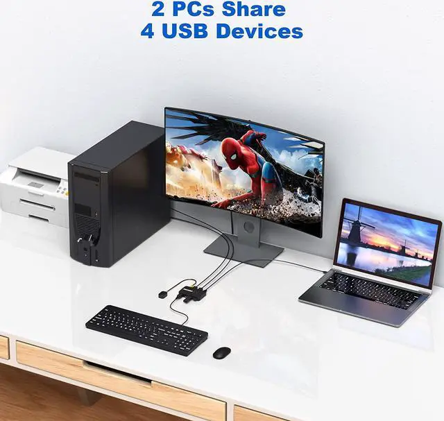 Alt view image 2 of 7 - USB Switcher 2 Computers - USB Switch Selector 2 Computers Sharing 4 USB Devices, USB 2.0 Peripheral Switcher Box for PCs Mouse Keyboard Scanner Printer with One Button Switch, Include Cables