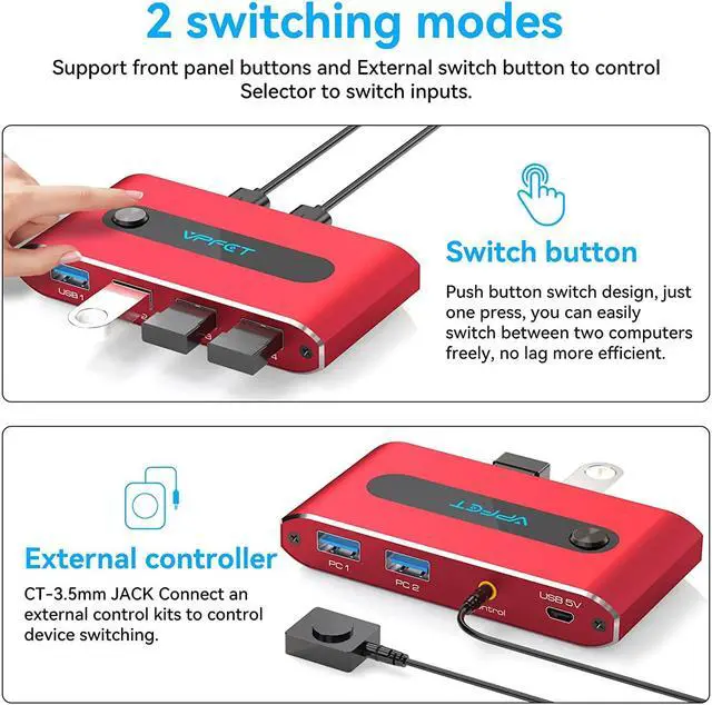 Alt view image 5 of 7 - USB 3.0 Switch selector 4 Port USB kvm switcher 2 Computers Sharing 4 USB Peripheral Devices, Like Mouse Keyboard Printer Scanner Headsets