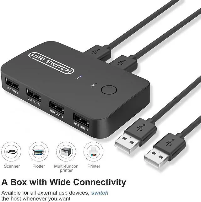 Alt view image 2 of 6 - USB 2.0 Switch Selector for 2 Computers & Sharing 4 USB Devices with Remote Button Switch, KVM Switch Hub Adapter for Mouse, Keyboard, Scanner, Printer