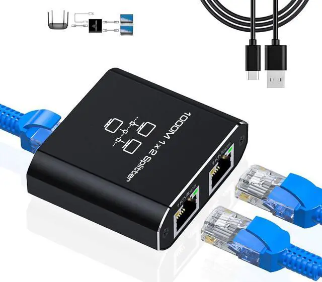 Main image of Gigabit Ethernet Splitter 1 to 2 - Network Splitter with USB Power Cable, RJ45 Internet Splitter Adapter 1000Mbps High Speed for Cat 5/5e/6/7/8 Cable [2 Devices Networked Simultaneously]