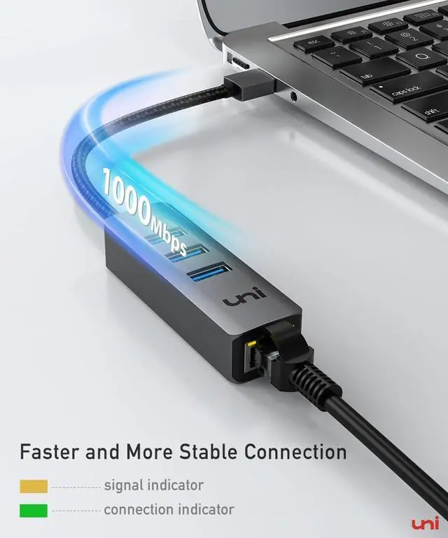 Alt view image 2 of 7 - uni USB 3.0 to Ethernet Adapter Gigabit, High-Speed USB Hub with Ethernet, Sturdy Aluminum 4-in-1 USB-A to LAN Network RJ45 Port, Compatible with iMac, PC, Chromebook Laptops, and More