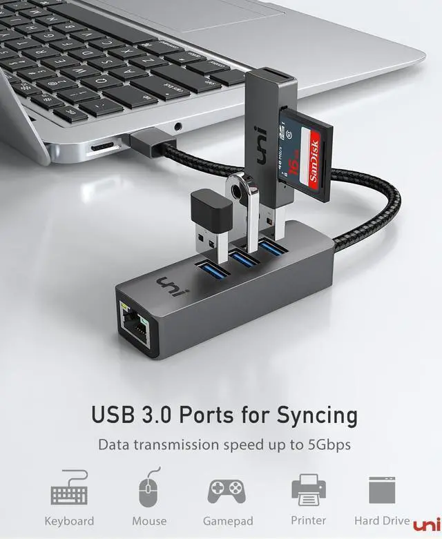 Alt view image 3 of 7 - uni USB 3.0 to Ethernet Adapter Gigabit, High-Speed USB Hub with Ethernet, Sturdy Aluminum 4-in-1 USB-A to LAN Network RJ45 Port, Compatible with iMac, PC, Chromebook Laptops, and More