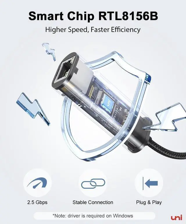 Alt view image 3 of 6 - uni USB-C to Ethernet Adapter 2.5 Gbps, Blazing Fast Type-C(Thunderbolt 4/3 Compatible) to RJ45 Adapter, Sturdy Aluminum Gigabit Network Adapter, for MacBook Pro/Air 2023, Laptops, PC, NAS, etc.
