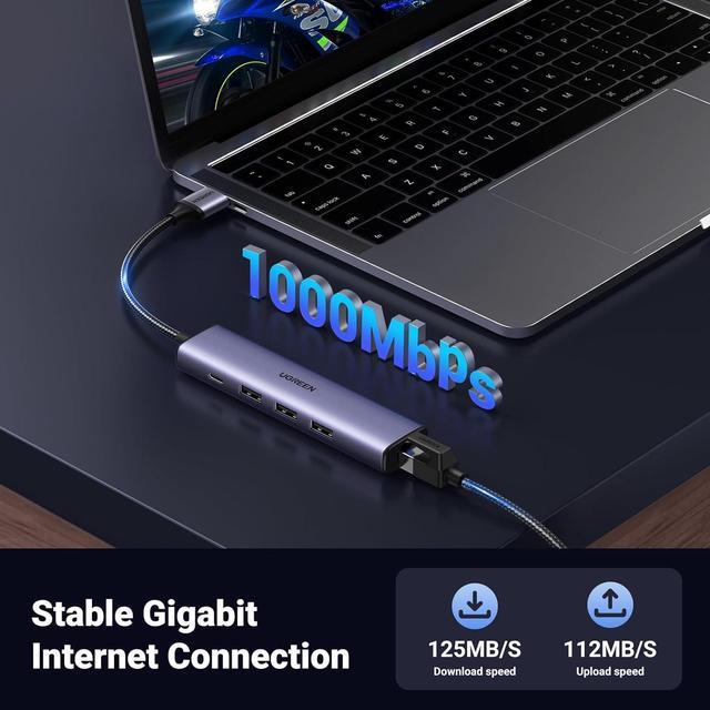 Alt view image 3 of 7 - UGREEN USB 3.0 to Ethernet Adapter, 5 in 1 Multiport Hub with Gigabit RJ45 and Type-C Power Port, LAN Network Adapter Compatible with Laptop PC MacBook Mac Mini Surface XPS Windows Linux MacOS