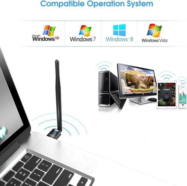 Alt view image 2 of 7 - USB WiFi Adapter for PC, Wireless Network Adapter for Desktop- Dongle High Gain 6dBi Antenna Support Desktop Laptop Compatible with Windows 10/8/7/XP/VISTA, MAC 10.6-10.11