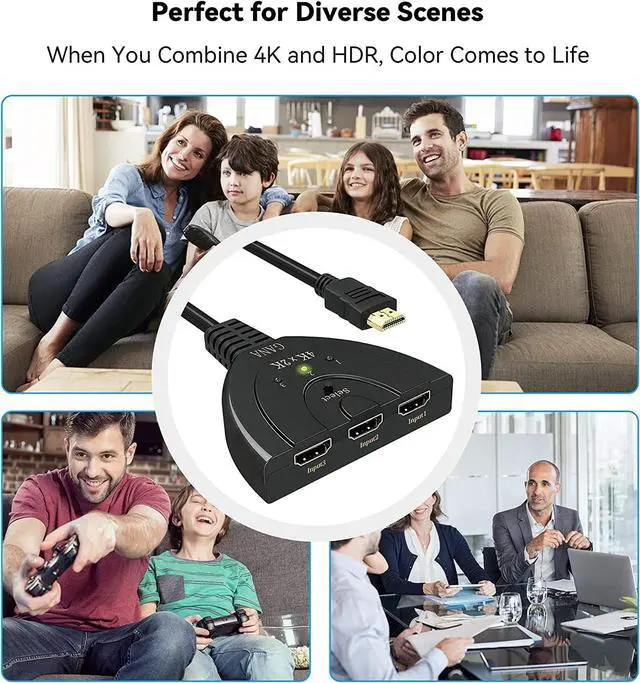 Alt view image 6 of 6 - HDMI Switch, GANA 4K HDMI Splitter 3 in 1 Out, 3-Port HDMI Switcher Selector with Pigtail HDMI Cable,Supports Full HD 4K 1080P 3D Player, HDMI Hub Compatible with Fire Stick,HDTV,PS4 Game Consoles,PC