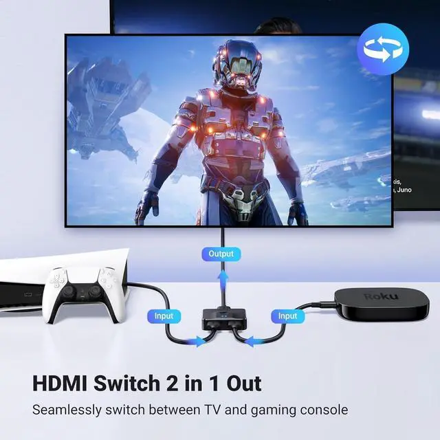 Alt view image 2 of 7 - UGREEN HDMI Switch 4K@60Hz, Bi-Directional HDMI Switcher 2 in 1 Out HDMI Splitter 1 Input 2 Output Supports UHD 3D HDR Compatible with PS5, PS4, Xbox Series X/S, Roku, Fire Stick, Black
