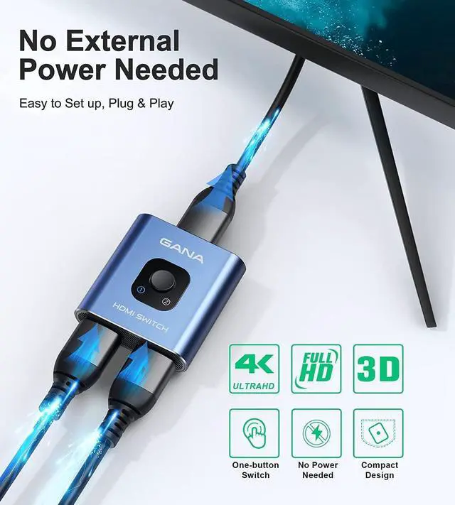 Alt view image 6 of 6 - HDMI Switch 4k@60hz Splitter, GANA Aluminum Bidirectional HDMI Switcher 2 in 1 Out, Manual HDMI Hub Supports HD Compatible with Xbox PS5/4/3 Blu-Ray Player Fire Stick Roku