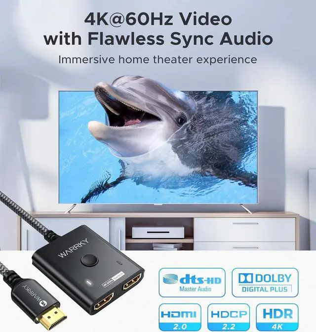 Alt view image 2 of 7 - HDMI Switch 2 in 1 Out 4K@60Hz, WARRKY 3.3ft Fixed Braided HDMI Cable, Aluminum Case, HDCP 2.2 Bidirectional 2x1 Switcher Splitter UHD Compatible for PS5/4, Nintendo Switch, Roku, FireStick - Black