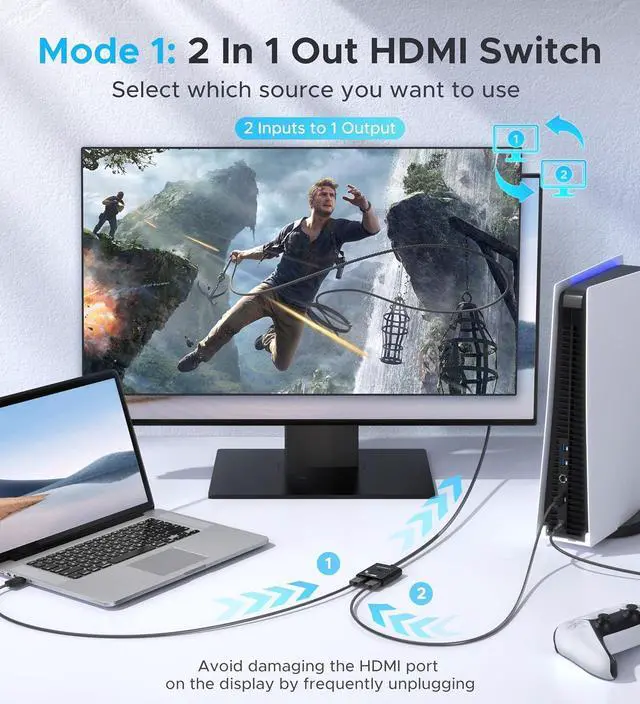 Alt view image 3 of 7 - HDMI Switch 2 in 1 Out 4K@60Hz, WARRKY 3.3ft Fixed Braided HDMI Cable, Aluminum Case, HDCP 2.2 Bidirectional 2x1 Switcher Splitter UHD Compatible for PS5/4, Nintendo Switch, Roku, FireStick - Black