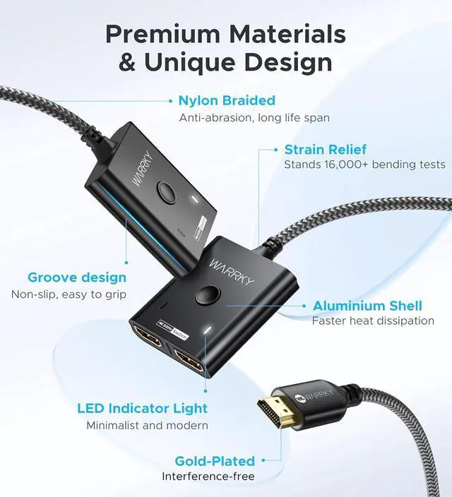 Alt view image 5 of 7 - HDMI Switch 2 in 1 Out 4K@60Hz, WARRKY 3.3ft Fixed Braided HDMI Cable, Aluminum Case, HDCP 2.2 Bidirectional 2x1 Switcher Splitter UHD Compatible for PS5/4, Nintendo Switch, Roku, FireStick - Black