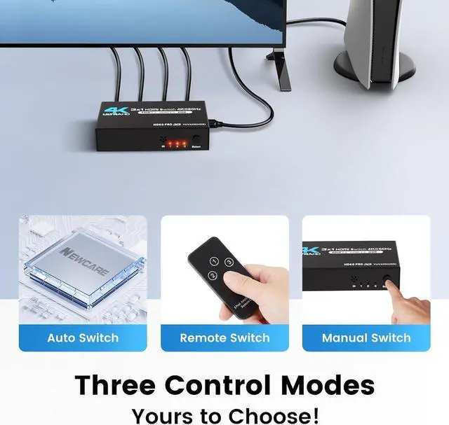 Alt view image 5 of 7 - HDMI Switch 3 in 1 Out 4K@60Hz HDMI Splitter, 4K HDMI Switch with Remote Metal HDMI Switch Box Hub Support 4K@60Hz/30Hz 1080P 3D HDR Auto Switching for NS Xbox PS4/5 PC Fire Stick Roku