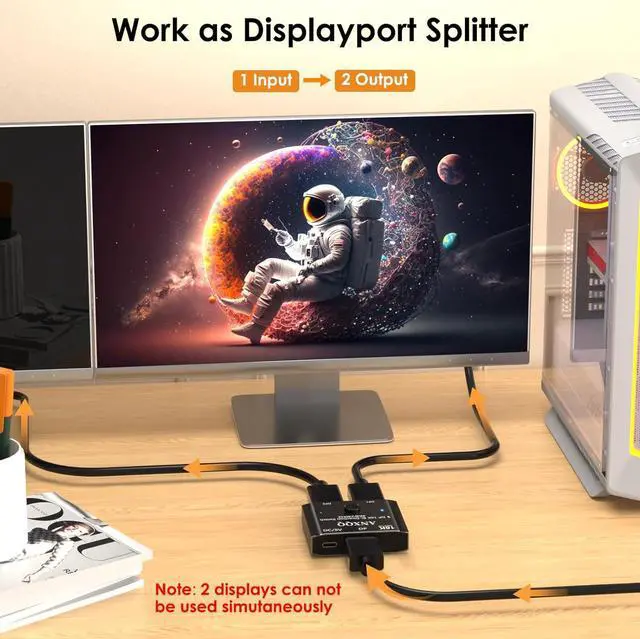 Alt view image 3 of 7 - Displayport Switch, 16K Displayport Splitter 2 in 1 out Displayport Splitter Bi Directional 8K@120Hz 4K@240Hz, Displayport Switcher 1 in 2 out 16K DP Video Converter