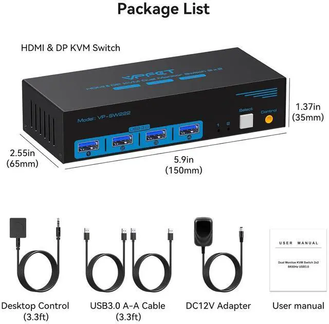 Alt view image 7 of 7 - 4K@120Hz Kvm Switch 2 Monitors 2 Computers 8K@60Hz HDMI Displayport Dual Monitor KVM Switches 2 Ports for 2 PC Share Mouse Keyboard and 2 Screens with USB 3.0 Cables and Extended Controller