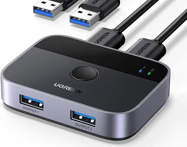 Main image of UGREEN USB 3.0 Switch 2 in 2 Out, USB Switcher 2 Computers Sharing Keyboard and Mouse Printer Scanner Webcam, Printer Splitter for 2 Computers, 2 Port USB Selector Switch with 2 USB3.0 Cables