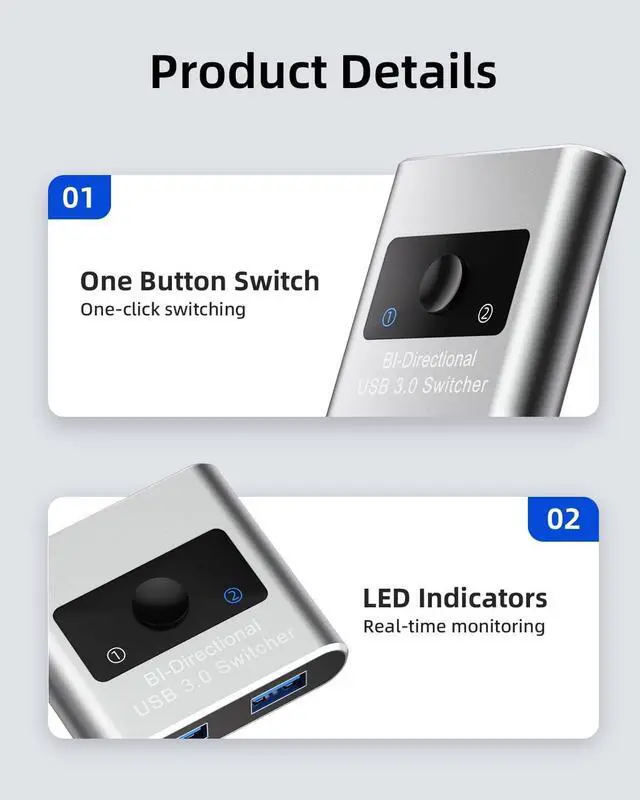 Alt view image 4 of 7 - USB 3.0 Switch Selector, Bi-Directional USB Switch 2 in 1 Out / 1 in 2 Out, Aluminum USB Switcher 2 Computers Share 1 Device for Printer, Keyboard, USB Sharing Switch with 2 USB 3.0 Cables(4.9ft)