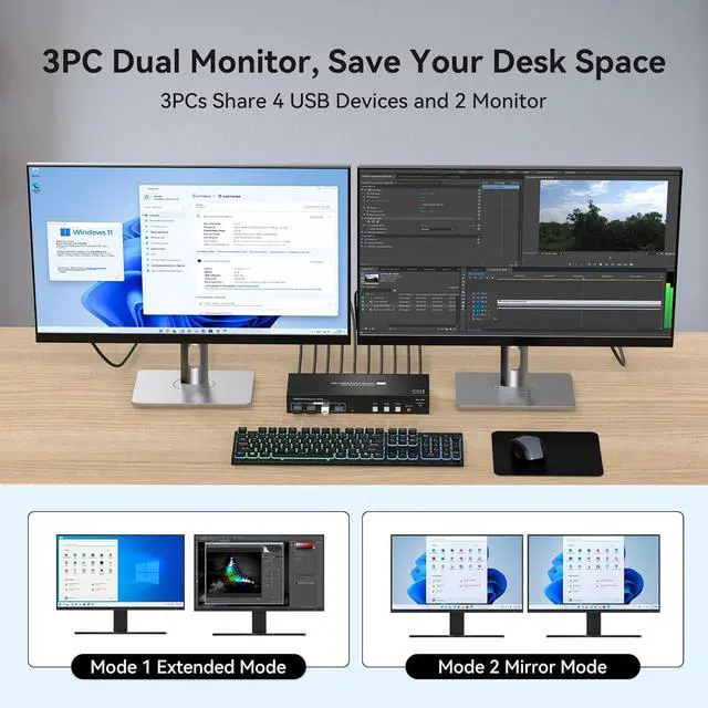 Alt view image 3 of 7 - HDMI KVM Switch 2 Monitors 3 Computers 4K60Hz EDID Simulation USB3.0 KVM Switch for 3 Computers Share Dual Monitors and 4 USB Devices with USB Cable and Remote Control