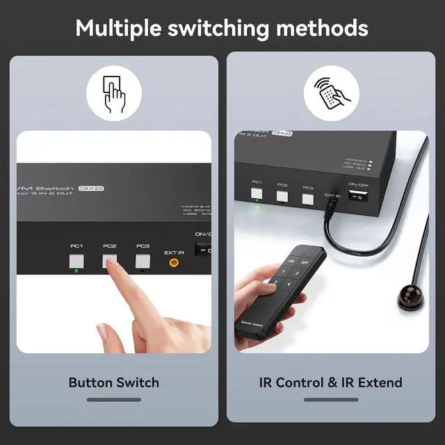 Alt view image 6 of 7 - HDMI KVM Switch 2 Monitors 3 Computers 4K60Hz EDID Simulation USB3.0 KVM Switch for 3 Computers Share Dual Monitors and 4 USB Devices with USB Cable and Remote Control