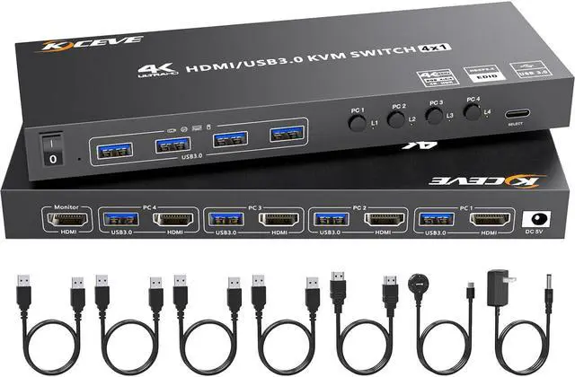 Main image of HDMI KVM Switch 4 Computers 4K@60Hz 2K@120Hz, Simulation EDID,  4 Port USB3.0 KVM Switches for 4 PC Share 1 Monitor and Keyboard Mouse Printer,with Wired Remote,12V Power Adapter and 5 Cables