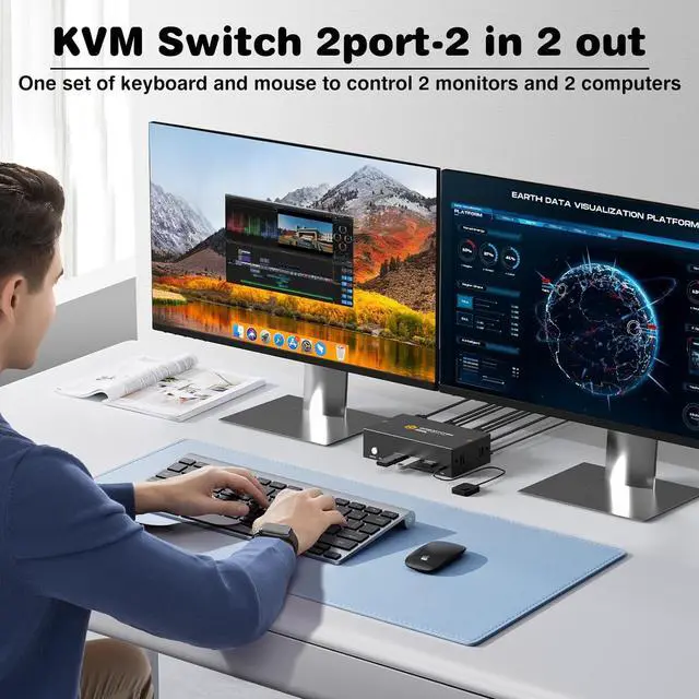 Alt view image 2 of 7 - Ennovor 8K KVM Switch Dual Monitor with USB3.0 Ports for 2 PCs Share USB Devices, HDMI KVM Switch 2 Monitors 2 Computers Support 8K@60Hz 4K@144Hz/120Hz, Wired Remote Controller, Button Switch