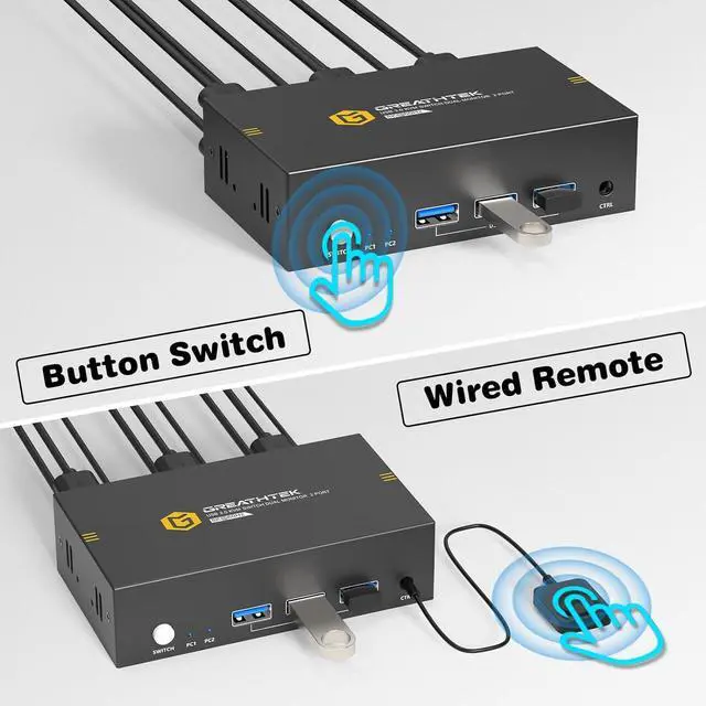 Alt view image 5 of 7 - Ennovor 8K KVM Switch Dual Monitor with USB3.0 Ports for 2 PCs Share USB Devices, HDMI KVM Switch 2 Monitors 2 Computers Support 8K@60Hz 4K@144Hz/120Hz, Wired Remote Controller, Button Switch