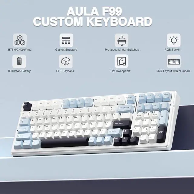 Alt view image 2 of 7 - AULA F99 Wireless Mechanical Keyboard, Hot Swappable Custom Keyboard,Pre-lubed Linear Switches,Gasket Structure,RGB Backlit Gaming Keyboard (Blue&White)