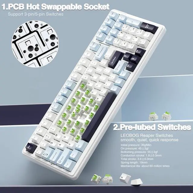 Alt view image 5 of 7 - AULA F99 Wireless Mechanical Keyboard, Hot Swappable Custom Keyboard,Pre-lubed Linear Switches,Gasket Structure,RGB Backlit Gaming Keyboard (Blue&White)