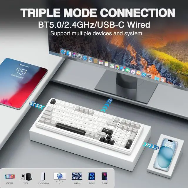 Alt view image 3 of 7 - AULA F99 Wireless Mechanical Keyboard,Tri-Mode BT5.0/2.4GHz/USB-C Hot Swappable Custom Keyboard,Pre-lubed Linear Switches,Gasket Structure,RGB Backlit Gaming Keyboard for PC/Tablet/PS/XBOX
