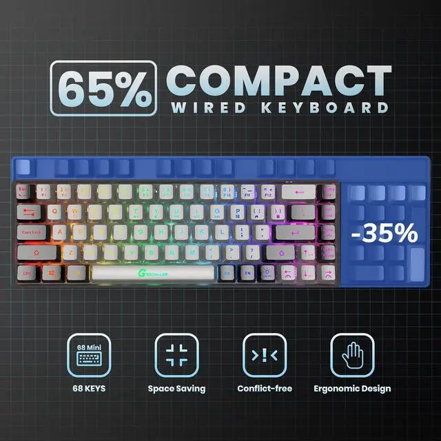 Alt view image 4 of 7 - 65% Gaming Keyboard, Wired Backlit Mini Keyboard, Ultra-Compact Anti-Ghosting No-Conflict 68 Keys Membrane Gaming Wired Keyboard for PC Laptop Windows Gamer