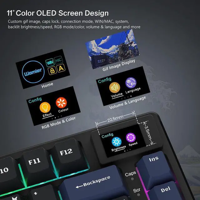 Alt view image 2 of 6 - S-K80 75% Keyboard with Color Multimedia Display Mechanical Gaming Keyboard, Wired Hot Swappable Gasket Mount RGB Custom Key Board, Pre-lubed Stabilizer for Mac/Win, Black Kanagawa