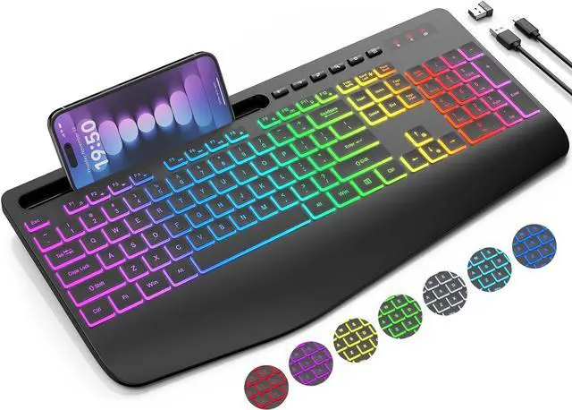 Main image of Wireless Keyboard with 8 Colored, 9 Effects Backlits, Wrist Rest, Phone Holder, Rechargeable Ergonomic Computer Keyboard with Silent Keys, 2.4G Lag-Free Cordless Set for PC, Laptop, Windows, MacBook