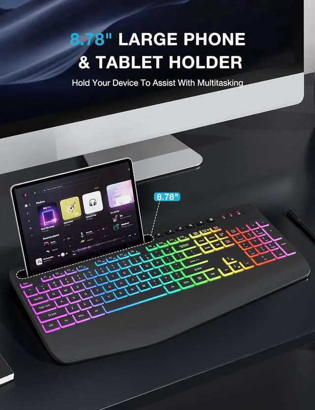 Alt view image 4 of 7 - Wireless Keyboard with 8 Colored, 9 Effects Backlits, Wrist Rest, Phone Holder, Rechargeable Ergonomic Computer Keyboard with Silent Keys, 2.4G Lag-Free Cordless Set for PC, Laptop, Windows, MacBook