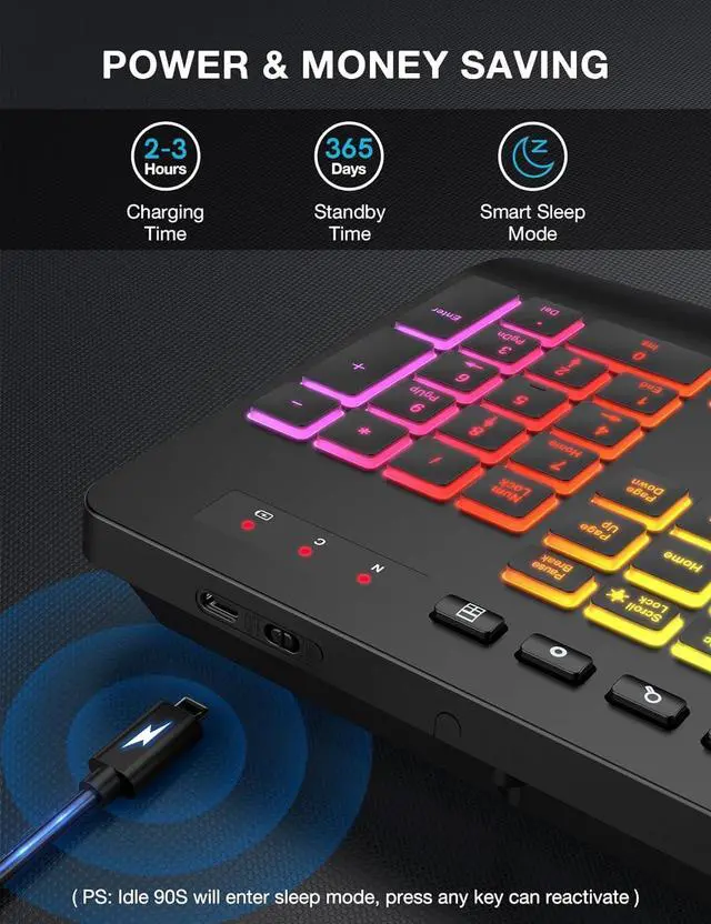 Alt view image 5 of 7 - Wireless Keyboard with 8 Colored, 9 Effects Backlits, Wrist Rest, Phone Holder, Rechargeable Ergonomic Computer Keyboard with Silent Keys, 2.4G Lag-Free Cordless Set for PC, Laptop, Windows, MacBook