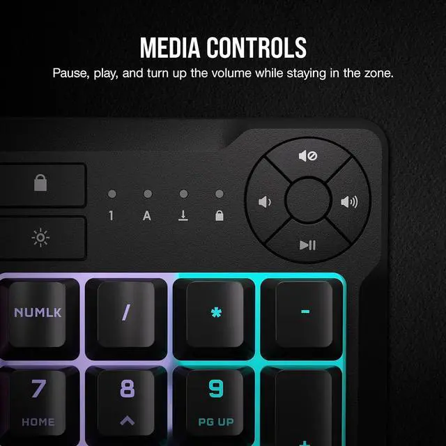 Alt view image 3 of 7 - K55 CORE RGB Membrane Wired Gaming Keyboard Quiet, Responsive Switches Spill Resistance Ten-Zone RGB Media Keys iCUE Compatible QWERTY NA PC, Mac Gray