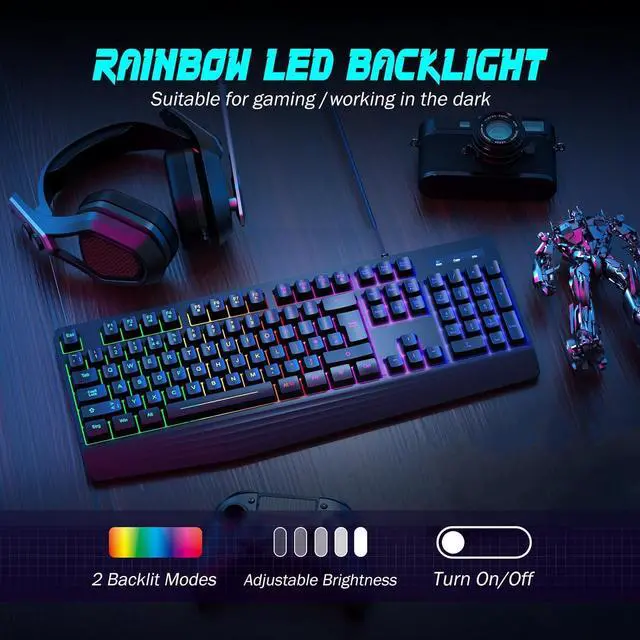 Alt view image 2 of 7 - Gaming Keyboard, 7-Color Rainbow LED Backlit, 104 Keys Quiet Light Up Keyboard, Wrist Rest, Whisper Silent, Anti-ghosting Multimedia Keys, Waterproof USB Wired Keyboard for PC Mac Xbox