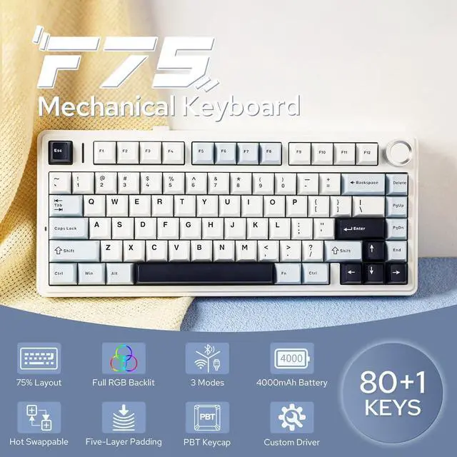 Alt view image 2 of 7 - F75 Gasket Mechanical Keyboard, 75% Wireless Hot Swappable Gaming Keyboard with Five-Layer Padding&Knob, Bluetooth/2.4GHz/USB-C, RGB (Light Blue, LEOBOG Reaper Switch)