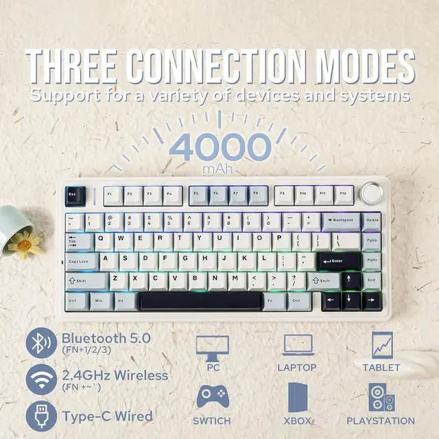 Alt view image 3 of 7 - F75 Gasket Mechanical Keyboard, 75% Wireless Hot Swappable Gaming Keyboard with Five-Layer Padding&Knob, Bluetooth/2.4GHz/USB-C, RGB (Light Blue, LEOBOG Reaper Switch)