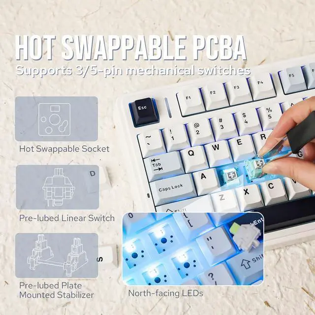 Alt view image 4 of 7 - F75 Gasket Mechanical Keyboard, 75% Wireless Hot Swappable Gaming Keyboard with Five-Layer Padding&Knob, Bluetooth/2.4GHz/USB-C, RGB (Light Blue, LEOBOG Reaper Switch)