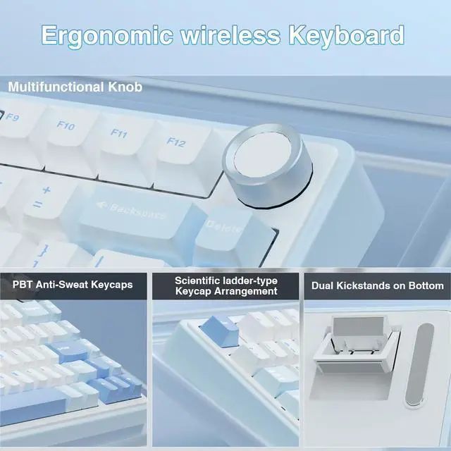 Alt view image 7 of 7 - AULA F75 75% Wireless Mechanical Keyboard,Gasket Hot Swappable Custom Keyboard,Pre-lubed Greywood Switch RGB Backlit Gaming Keyboard,2.4GHz/Type-C/BT5.0 Keyboard (Salt White Blue)