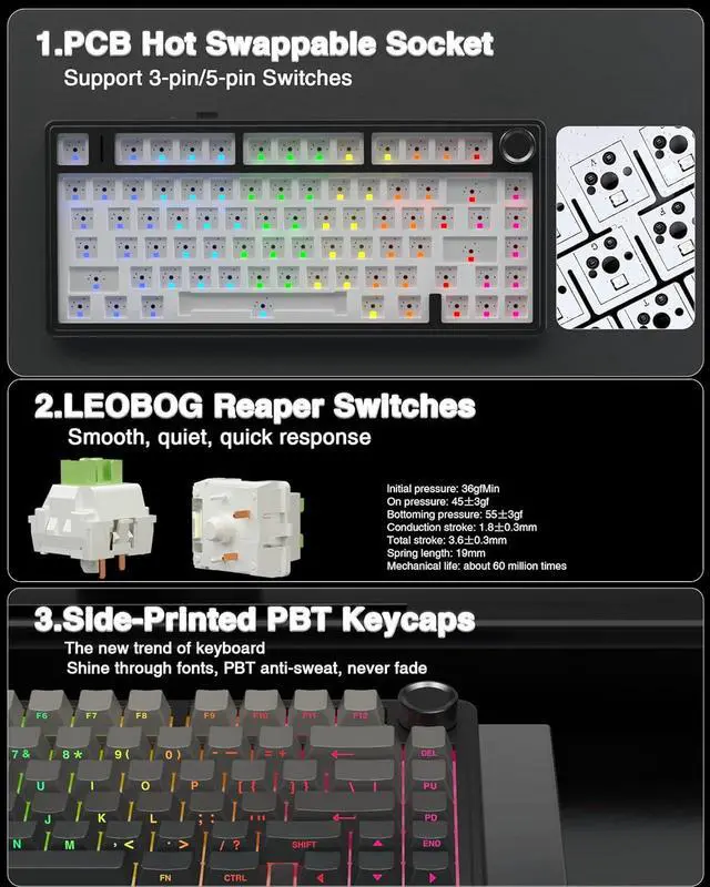 Alt view image 5 of 7 - AULA F75 Pro Wireless Mechanical Keyboard,75% Gasket Hot Swappable Custom Keyboard,RGB Backlit,Pre-lubed Reaper Switches,Side Printed PBT Keycaps,2.4GHz/USB-C/BT5.0 Mechanical Gaming Keyboard