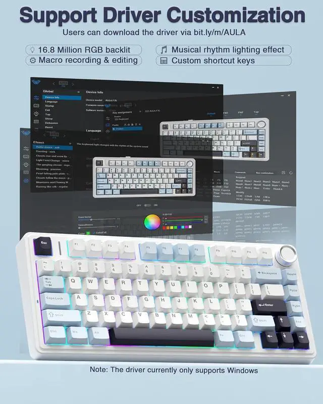 Alt view image 7 of 7 - AULA F75 75% Wireless Mechanical Keyboard,Gasket Hot Swappable Custom Keyboard,Pre-lubed Reaper Switches RGB Backlit Gaming Keyboard,2.4GHz/Type-C/BT5.0 Mechanical Keyboard (White & Blue)