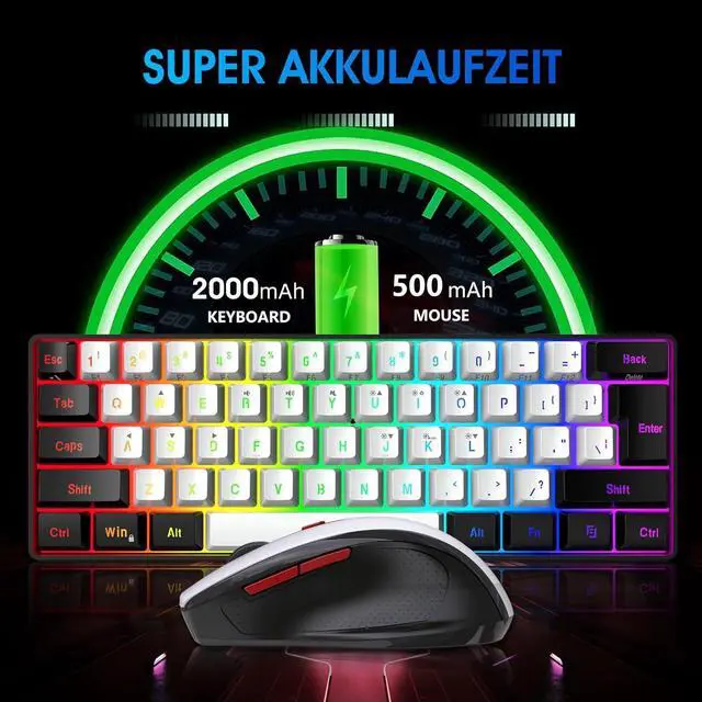 Alt view image 3 of 7 - 2.4G Wireless Gaming Keyboard and Mouse Combo, Include Mini 60% Merchanical Feel RGB Backlit Keyboard, Ergonomic Vertical Feel Small Wireless Mouse(Black and White)
