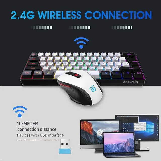 Alt view image 2 of 7 - 2.4G Wireless Gaming Keyboard and Mouse Combo, Include Mini 60% Merchanical Feel RGB Backlit Keyboard, Ergonomic Vertical Feel Small Wireless Mouse(Black and White)
