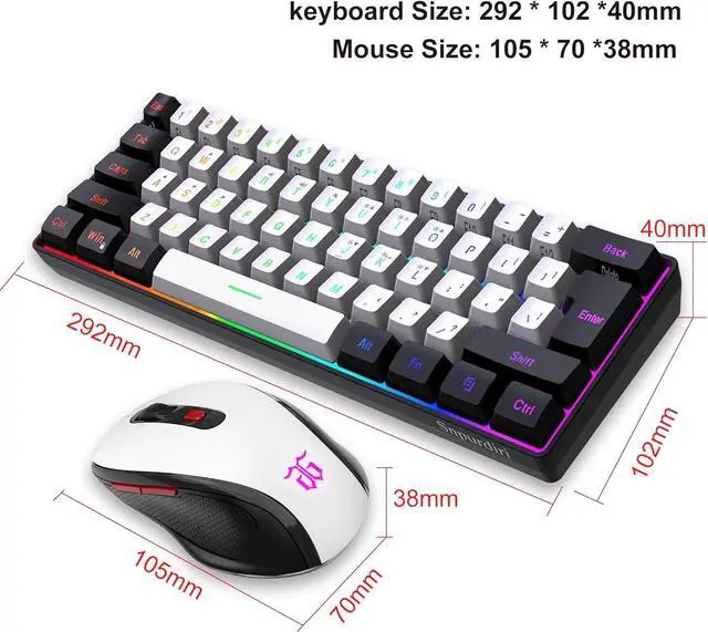 Alt view image 6 of 7 - 2.4G Wireless Gaming Keyboard and Mouse Combo, Include Mini 60% Merchanical Feel RGB Backlit Keyboard, Ergonomic Vertical Feel Small Wireless Mouse(Black and White)