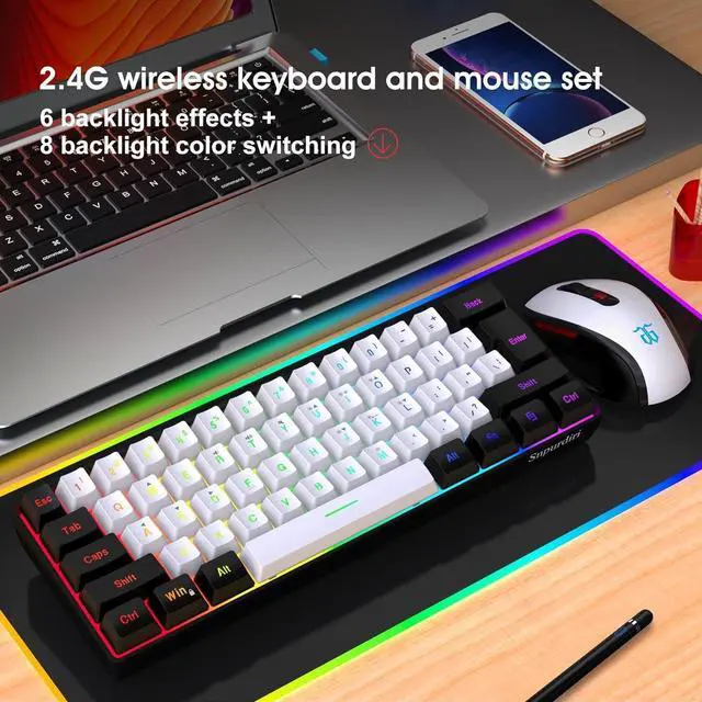 Alt view image 7 of 7 - 2.4G Wireless Gaming Keyboard and Mouse Combo, Include Mini 60% Merchanical Feel RGB Backlit Keyboard, Ergonomic Vertical Feel Small Wireless Mouse(Black and White)