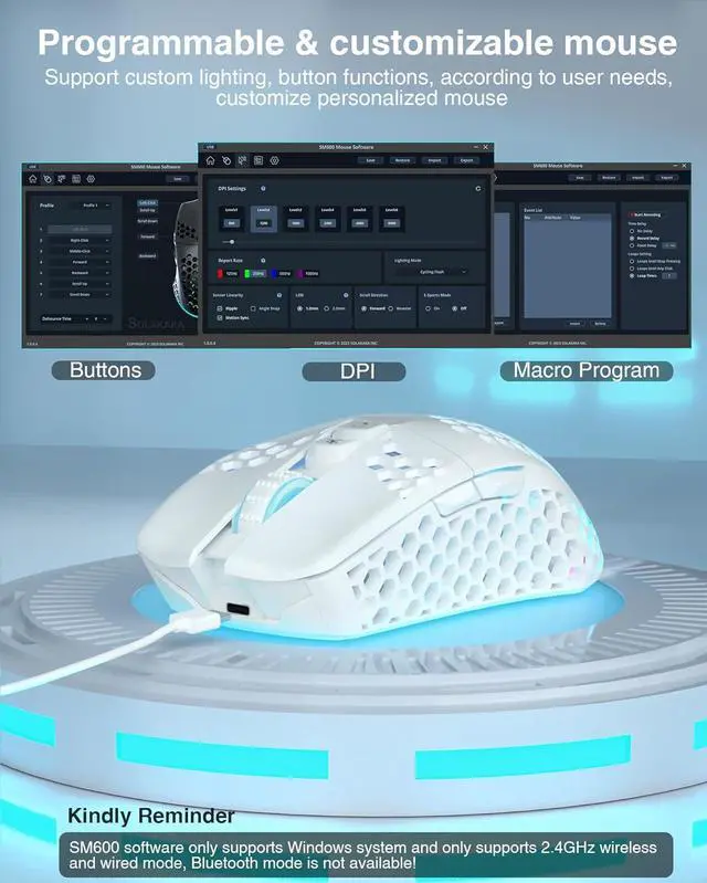 Alt view image 4 of 7 - SM600 White Wireless Gaming Mouse,8000 DPI Tri-Modes BT5.1/Type-C Wired/2.4G Wireless Mouse with 2 Side Buttons, Programmable Macro Gamer Mouse with RGB Light for Laptop/PC/Mac
