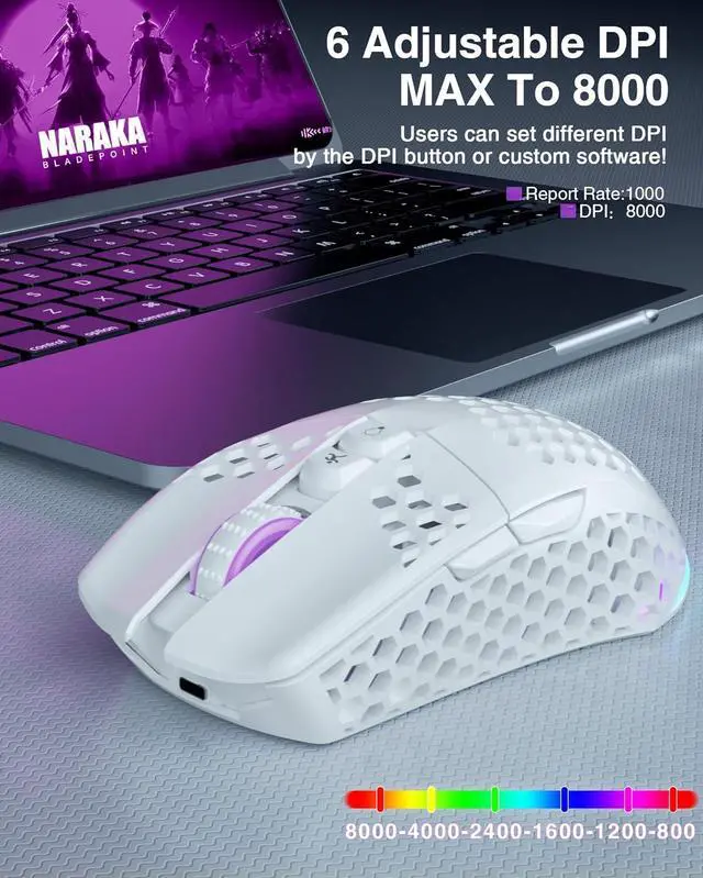 Alt view image 5 of 7 - SM600 White Wireless Gaming Mouse,8000 DPI Tri-Modes BT5.1/Type-C Wired/2.4G Wireless Mouse with 2 Side Buttons, Programmable Macro Gamer Mouse with RGB Light for Laptop/PC/Mac